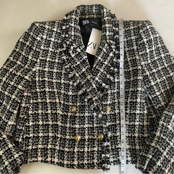 Zara Textured Tweed Houndstooth Black & White Double Breasted Cropped Jacket XL - Picture 3 of 8